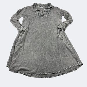CC Chic Connection Gray Embroidered Crinkle Shirt Dress LP Petite Boho Casual
